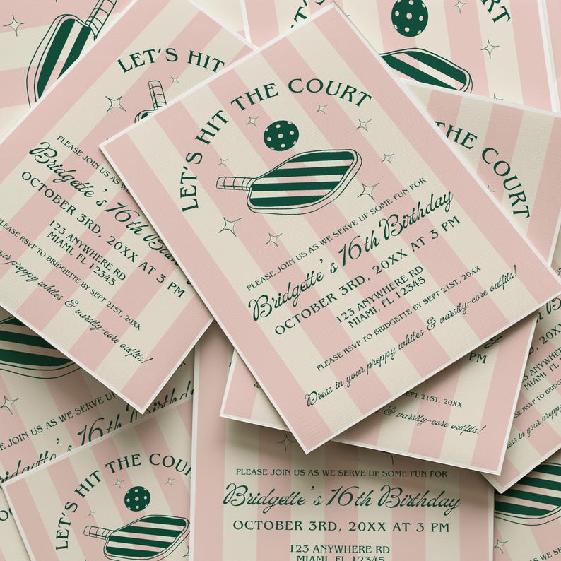 May include: A pink and white striped invitation with green and white illustrations of a paddle and ball. The invitation reads "Let's Hit the Court" and is for Bridgette's 16th Birthday on October 3rd at 3 PM. The address is 123 Anywhere Rd, Miami, FL 12345. The RSVP date is September 21st, 20XX. The invitation requests guests to dress in preppy whites and varsity-core outfits.
