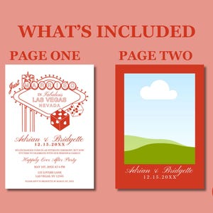 May include: Two pages of a wedding invitation with a red and white color scheme. The first page features a stylized illustration of the Las Vegas sign with the words "Just Married" and "In Fabulous Las Vegas Nevada". The second page features a simple illustration of a green hill and a white cloud against a blue sky.