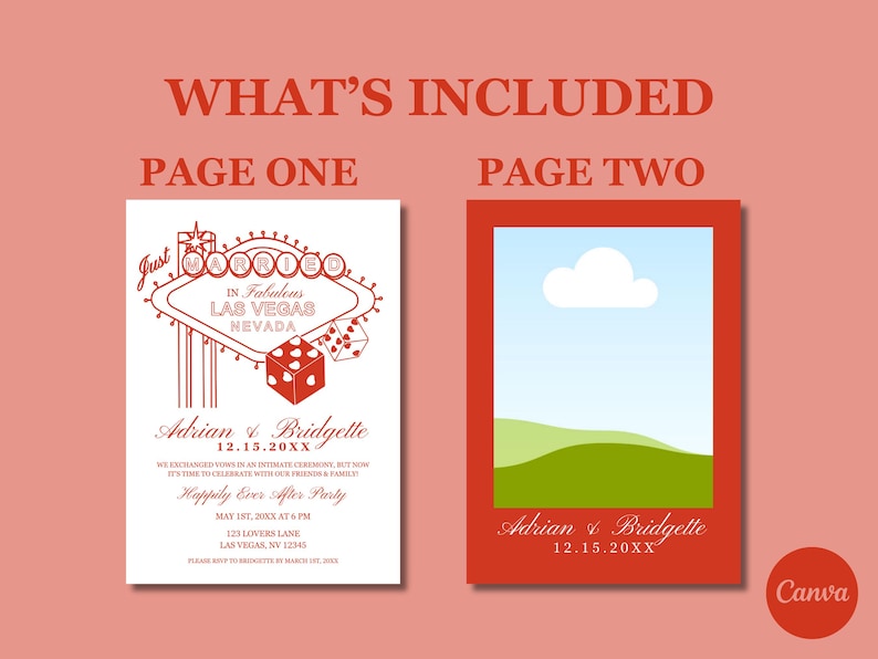 May include: Two pages of a wedding invitation with a red and white color scheme. The first page features a stylized illustration of the Las Vegas sign with the words "Just Married" and "In Fabulous Las Vegas Nevada". The second page features a simple illustration of a green hill and a white cloud against a blue sky.