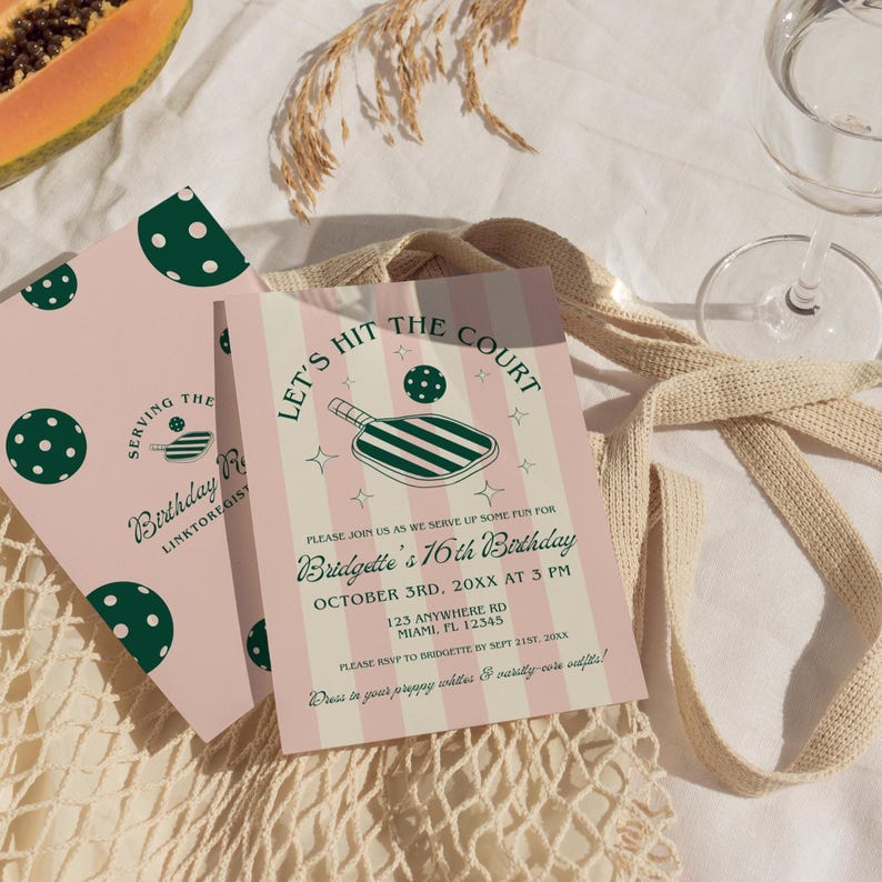May include: Pink and white striped invitation with a green and white paddleball illustration. The text reads "Let's Hit the Court" and "Bridgette's 16th Birthday".