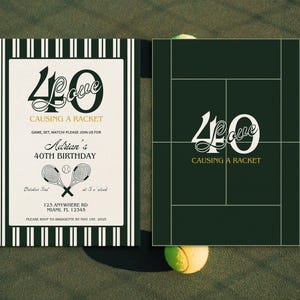 40 Love Tennis Birthday 40. Geburtstagsparty 40-Love-Thema-Tennis-Turnier, das einen Schläger Geburtstags-Party Einladung Vorlage altes Geld verursacht