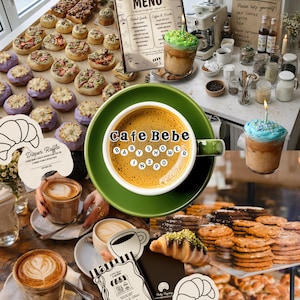 May include: A cafe scene with various pastries, coffee drinks, and a menu board. The image features a cup of coffee with "Cafe Bebe Baby Shower Inspo" text, cupcakes, and a sign that says "Coffee Bar".