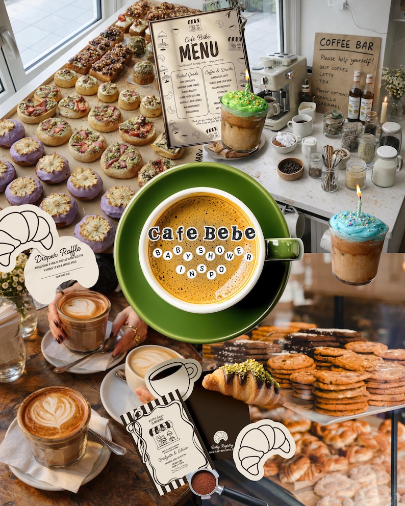 May include: A cafe scene with various pastries, coffee drinks, and a menu board. The image features a cup of coffee with "Cafe Bebe Baby Shower Inspo" text, cupcakes, and a sign that says "Coffee Bar".