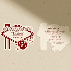 Puede incluir: Dos tarjetas de invitaci&oacute;n de boda. Una tarjeta presenta un letrero de Las Vegas rojo y blanco con el texto "WELCOME TO Fabulous LAS VEGAS NEVADA". La otra tarjeta dice "SAVE THE DATE" con nombres, fecha y lugar.