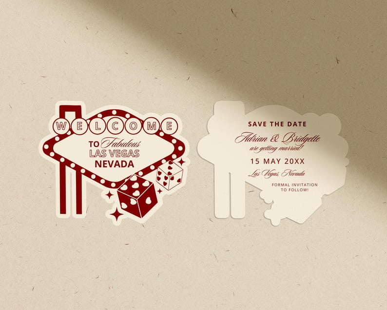 Puede incluir: Dos tarjetas de invitaci&oacute;n de boda. Una tarjeta presenta un letrero de Las Vegas rojo y blanco con el texto "WELCOME TO Fabulous LAS VEGAS NEVADA". La otra tarjeta dice "SAVE THE DATE" con nombres, fecha y lugar.