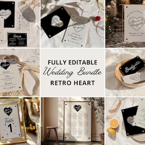 Könnte beinhalten: Ein vollständig editierbares Hochzeitspaket mit einem Retro-Herz-Design. Das Paket beinhaltet ein Willkommenszeichen, Tischnummern, einen Sitzplan, Menüs und Einladungen. Das Design verfügt über schwarzen und weißen Text mit einem stilisierten Herzen.