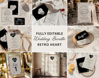 Whimsical Retro Heart Wedding Invitation Suite: Editable Canva Templates (Digital Download)