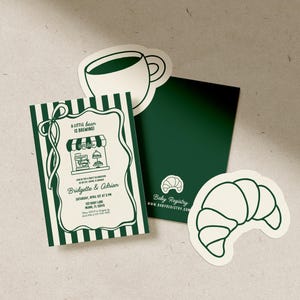 May include: A baby shower invitation with a green and white striped design. The invitation features the text "A little bean is brewing" and details for Bridgette & Adrian. A coffee cup and croissant sticker are also present.