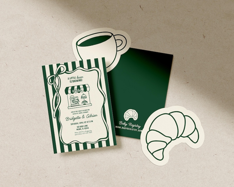May include: A baby shower invitation with a green and white striped design. The invitation features the text "A little bean is brewing" and details for Bridgette & Adrian. A coffee cup and croissant sticker are also present.