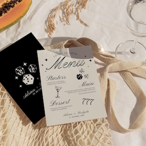 MENU DE CASAMENTO e cartões de lugar desenhados à mão para casamento em Las Vegas Cartas de baralho Lucky in Love Modelo de menu de casamento Vintage Wedding Las Vegas