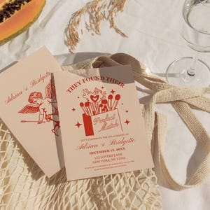 Plantilla de invitación para fiesta de compromiso Perfect Match Invitación para fiesta de compromiso Match Made in Heaven Invitación de boda retro con Cupido Invitación de boda peculiar