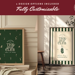 May include: Two framed golf-themed prints. One features a dark green background with golf figures and text that reads "Welcome to the Golf Club." The other has a striped border and text that reads "Welcome to the Golf Club."