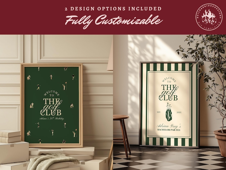 May include: Two framed golf-themed prints. One features a dark green background with golf figures and text that reads "Welcome to the Golf Club." The other has a striped border and text that reads "Welcome to the Golf Club."