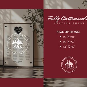 May include: A white seating chart template with a black and white logo that says "Build a Bridge Designs" with a flame design. The chart is customizable and comes in three sizes: 16" x 20", 18" x 24", and 24" x 36".
