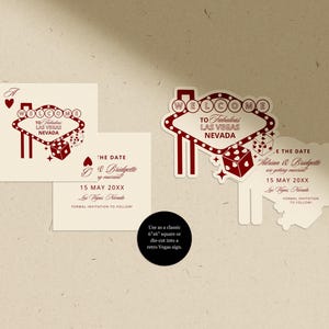 Puede incluir: Conjunto de invitaciones de boda con un dise&ntilde;o retro de letrero de Las Vegas en borgo&ntilde;a. Incluye tarjetas cuadradas y troqueladas con dados y s&iacute;mbolos de corazones. El texto dice "Welcome to Fabulous Las Vegas Nevada".