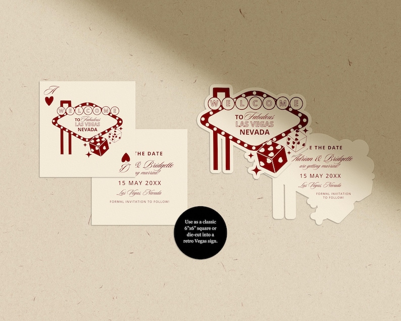 Puede incluir: Conjunto de invitaciones de boda con un dise&ntilde;o retro de letrero de Las Vegas en borgo&ntilde;a. Incluye tarjetas cuadradas y troqueladas con dados y s&iacute;mbolos de corazones. El texto dice "Welcome to Fabulous Las Vegas Nevada".