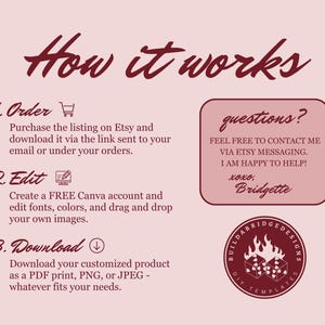 May include: A pink background with red text explaining how to order, edit, and download a customizable product. The text includes the words "Order", "Edit", and "Download". There is a red circle with the text "questions?" and a red circle with the text "Buildabridgedesigns DIY Templates".