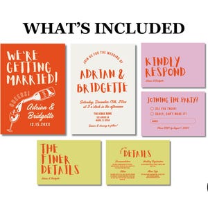 May include: A collection of wedding stationery, including an invitation, RSVP cards, and details cards. The invitation is orange with white text, and the RSVP cards are pink. The details cards are yellow.