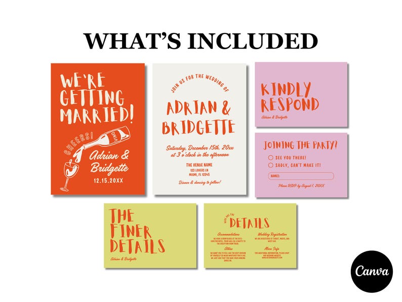 May include: A collection of wedding stationery, including an invitation, RSVP cards, and details cards. The invitation is orange with white text, and the RSVP cards are pink. The details cards are yellow.