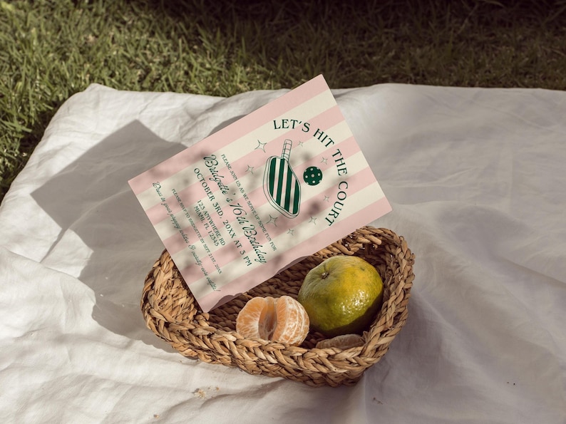 May include: A pink and white striped invitation with the text "Let's Hit the Court" and "Bridgette's 16th Birthday". The invitation features a green and white illustration of a paddleball paddle and ball.