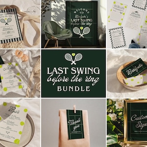 May include: A printable bundle of digital files for a tennis-themed bridal shower. The bundle includes a welcome sign, menu, bar menu, place cards, games, and thank you tags. The design features a green and white tennis court pattern with tennis rackets and tennis balls.