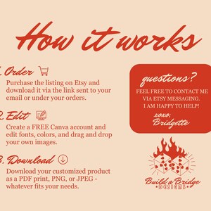 May include: Red and white graphic with the text "How it works" and instructions on how to order, edit, and download a customizable product. The graphic also includes a red box with the text "questions?" and instructions on how to contact the seller. The graphic is on a light beige background.