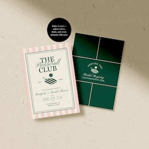 May include: Two invitation cards. One card has a pink and white striped border with text that reads "THE Pickleball CLUB" and details for a bridal shower. The other card is dark green with white lines and text that reads "SERVING THE Bridal Registry".