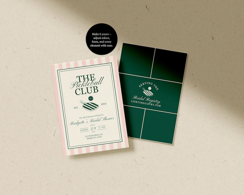 May include: Two invitation cards. One card has a pink and white striped border with text that reads "THE Pickleball CLUB" and details for a bridal shower. The other card is dark green with white lines and text that reads "SERVING THE Bridal Registry".