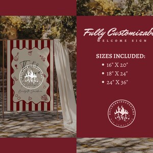 May include: A welcome sign with a red and white striped design, featuring the text "That's Amore" and various food illustrations. The sign is displayed on a gold stand. The sign includes sizes: 16" x 20", 18" x 24", and 24" x 36".