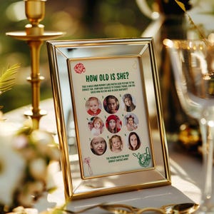 May include: A framed game card with the text "HOW OLD IS SHE?" and nine photos of girls. The game challenges players to guess the age of each girl in the photos. The frame is gold-colored.