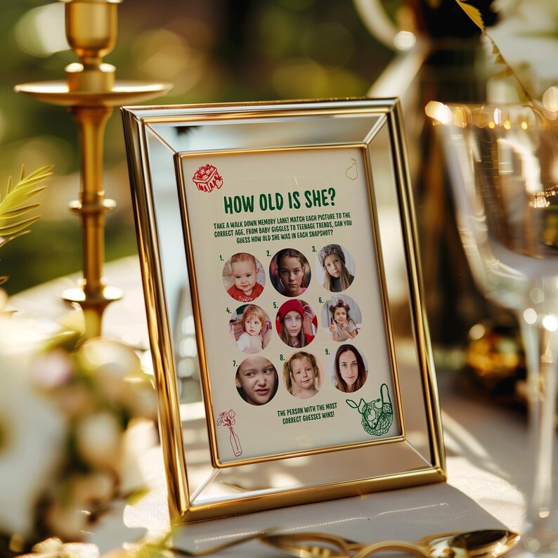 May include: A framed game card with the text "HOW OLD IS SHE?" and nine photos of girls. The game challenges players to guess the age of each girl in the photos. The frame is gold-colored.