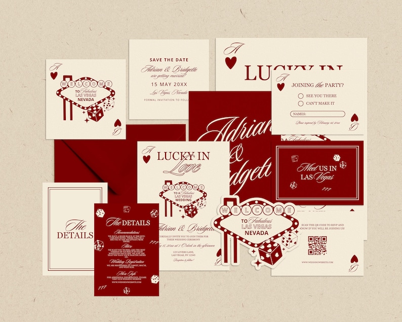 Puede incluir: Un conjunto de papeler&iacute;a de boda con tem&aacute;tica de Las Vegas. Las invitaciones presentan un fondo crema con texto y gr&aacute;ficos burdeos, incluyendo dados, palos de cartas y "Welcome to Fabulous Las Vegas Nevada."
