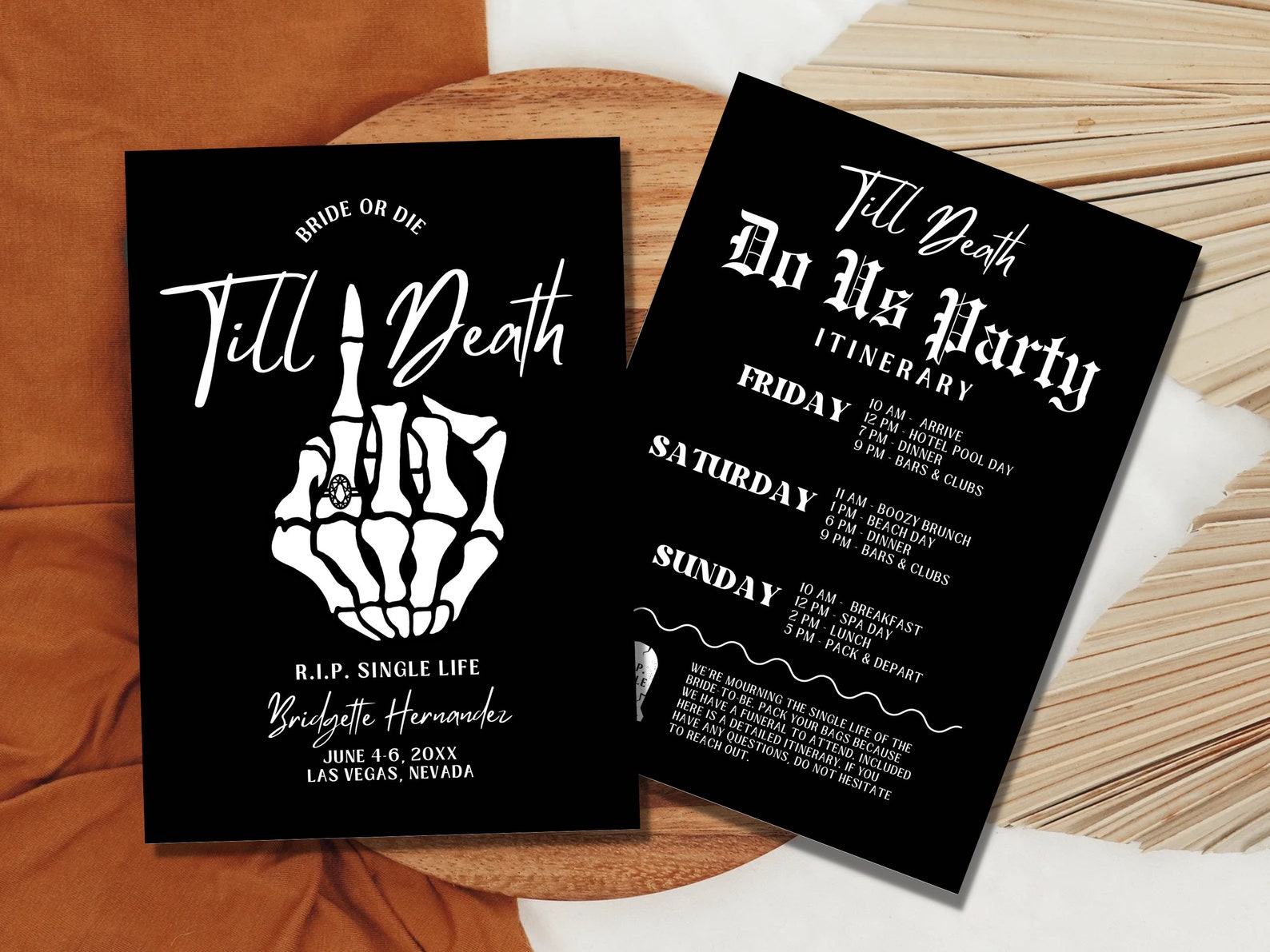 Till death do us party bachelorette invitation and itinerary template