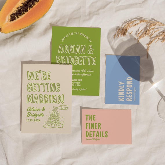 Colorful Hand-Drawn Wedding Invitation Suite: Invite, Details and RSVP Cards (DIY Editable Canva Templates)