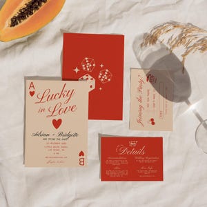 Plantilla de invitación de boda de Las Vegas, papelería de boda con suerte en el amor, naipes, invitación de boda, boda vintage, boda retro peculiar