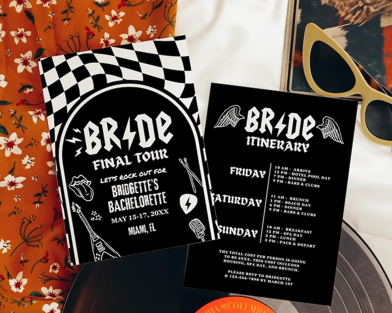 May include: Black and white checkered background with a white archway and the text "BR-DE FINAL TOUR LET'S ROCK OUT FOR BRIDGETTE'S BACHELORETTE MAY 15-17, 20XX MIAMI, FL".  A black and white itinerary card with the text "BR-DE ITINERARY" and a schedule of events for a bachelorette party.