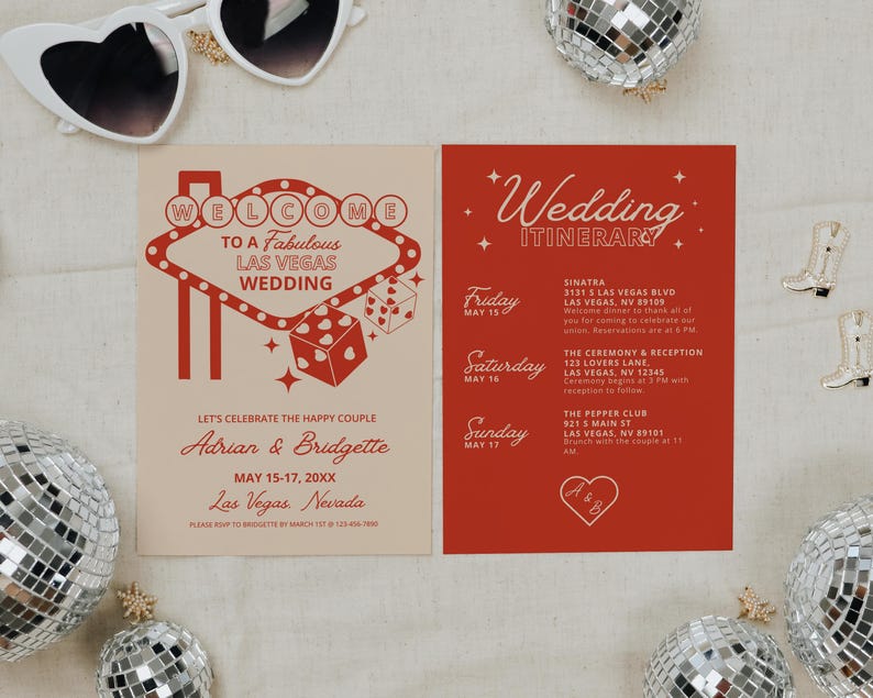 May include: A red and white wedding invitation with a Las Vegas theme. The invitation features a neon sign that says "Welcome to a Fabulous Las Vegas Wedding". The invitation also includes the names of the couple, the wedding date, and the wedding location. The back of the invitation includes a wedding itinerary with details about the wedding weekend.