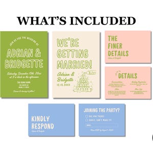 May include: A set of wedding invitation cards with green and white text on a light green, light pink, and light blue background. The cards include the text "Join us for the wedding of Adrian & Bridgette", "We're getting married! Adrian & Bridgette 12.15.20XX", "The finer details", "Details", "Kindly respond", and "Joining the party?"