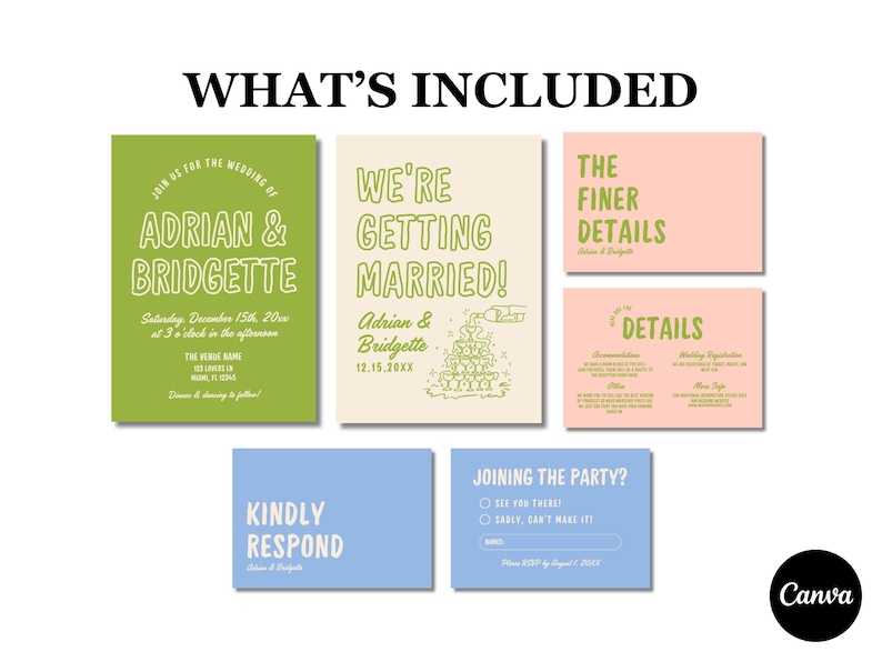 May include: A set of wedding invitation cards with green and white text on a light green, light pink, and light blue background. The cards include the text "Join us for the wedding of Adrian & Bridgette", "We're getting married! Adrian & Bridgette 12.15.20XX", "The finer details", "Details", "Kindly respond", and "Joining the party?"