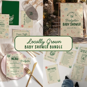 May include: A baby shower bundle with a "Locally Grown" theme. The set includes invitations, menu cards, games, and a welcome sign. The design features illustrations of fruits and vegetables in green, red, and orange on a cream background.