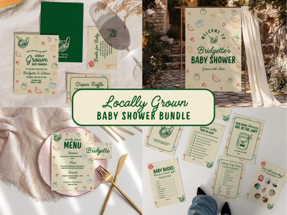 Locally Grown Hand Drawn Baby Shower Bundle Templates Whimsical Farmers Market Theme Baby Shower Custom Invitation Baby Sprinkle Sign