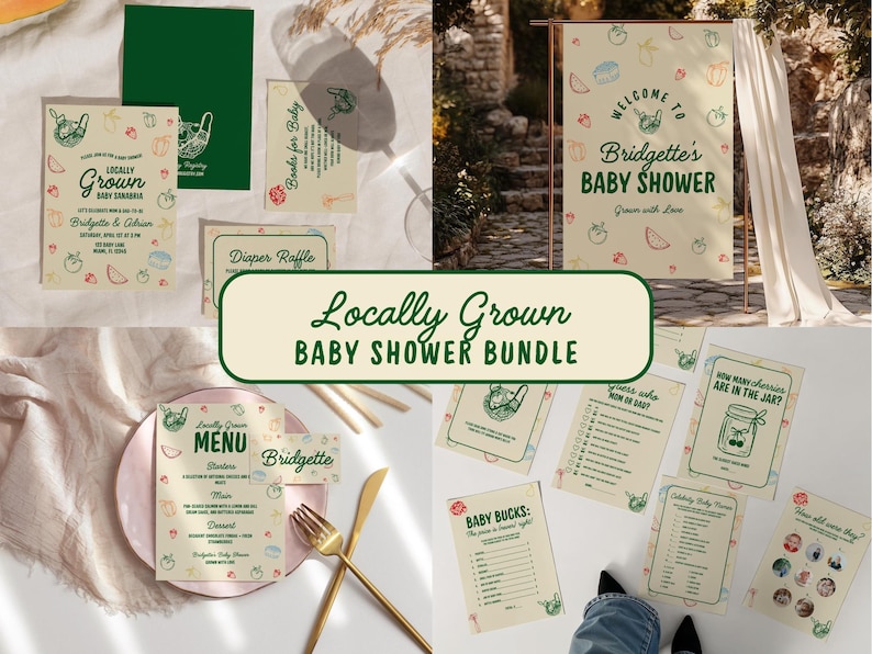 May include: A baby shower bundle with a "Locally Grown" theme. The set includes invitations, menu cards, games, and a welcome sign. The design features illustrations of fruits and vegetables in green, red, and orange on a cream background.
