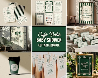 Paquete de plantillas editables para baby shower de Cafe Bebe, invitación para baby shower de cafetería, rifa de pañales, Baby Is Brewing Home Cafe, juegos para baby shower.