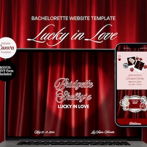May include: A laptop and smartphone display a bachelorette website template with a red and white design. The text reads "Lucky in Love" and "Bridgette Shelby's". The design includes playing card suits and dice.
