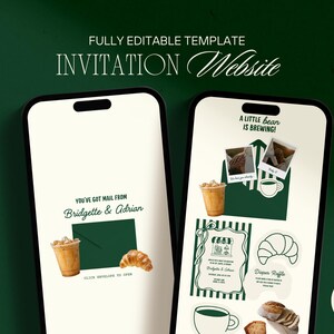 May include: Two smartphones displaying invitation designs. One shows an envelope with text "You've got mail from Bridgette & Adrian", a coffee drink, and a croissant. The other shows a coffee drink, a coffee cup, and a croissant with the text "A little bean is brewing!"