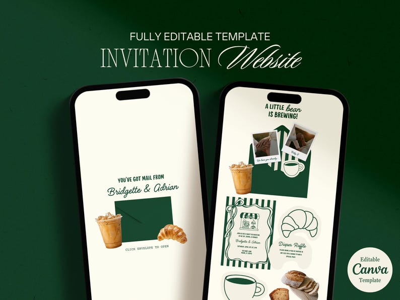 May include: Two smartphones displaying invitation designs. One shows an envelope with text "You've got mail from Bridgette & Adrian", a coffee drink, and a croissant. The other shows a coffee drink, a coffee cup, and a croissant with the text "A little bean is brewing!"