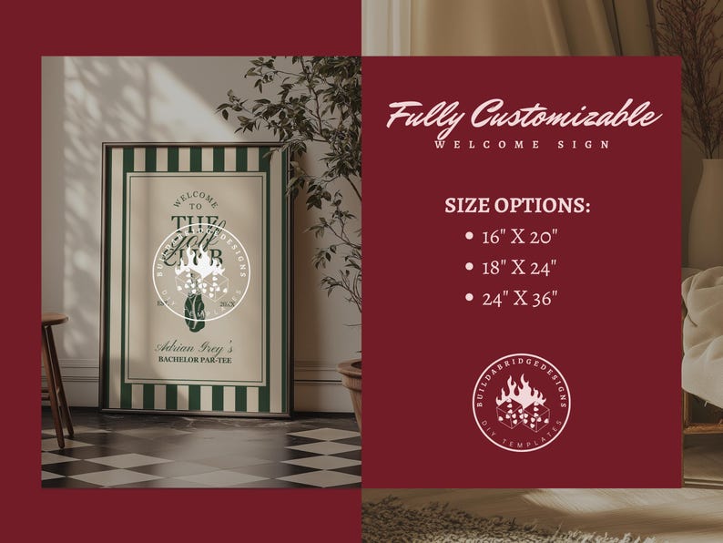 May include: A framed welcome sign with a green and white striped border. The sign features text that reads "Welcome to the Jeff Club" and "Adrian Gray's Bachelor Par-tee." Size options are listed as 16" x 20", 18" x 24", and 24" x 36".