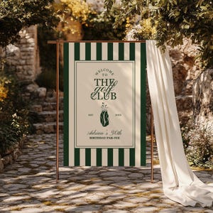 May include: A decorative sign with a green and white striped border. The sign reads "Welcome to The Golf Club" with a golf bag illustration. The text "Adrian's 30th Birthday Par-Tee" is also displayed.
