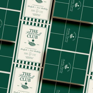 May include: A collection of invitation cards and pickleball court designs. The cards feature the text "The Pickleball Club" with a paddle and ball graphic. The color scheme includes green, white, and cream.
