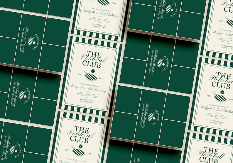 May include: A collection of invitation cards and pickleball court designs. The cards feature the text "The Pickleball Club" with a paddle and ball graphic. The color scheme includes green, white, and cream.